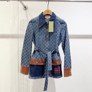 🚩steal Authentic Gucci Blue Denim Jacket with Brown Leather Details